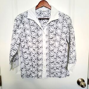 Isabela D. Black and White Butterfly Seen Eyelet Pattern Cotton Buttons Shirt 6